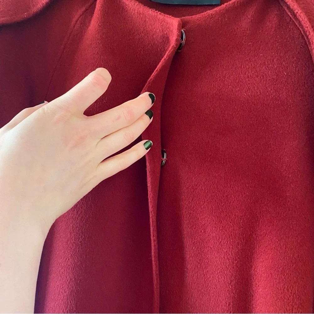 Red Long Length Felt A-Line Coat with Attached Scarf Wrap Panels